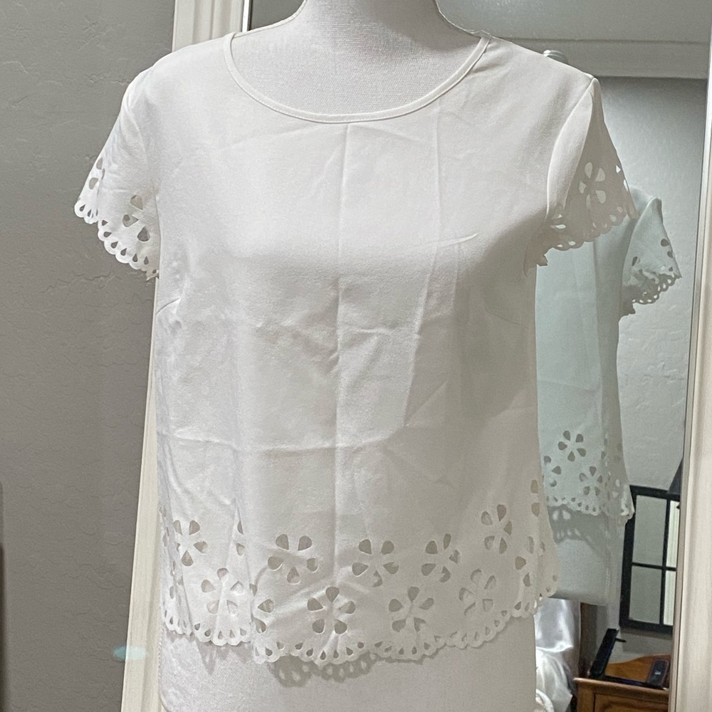 SHEIN White Laser Cut Eyelet Style Top Size Small
